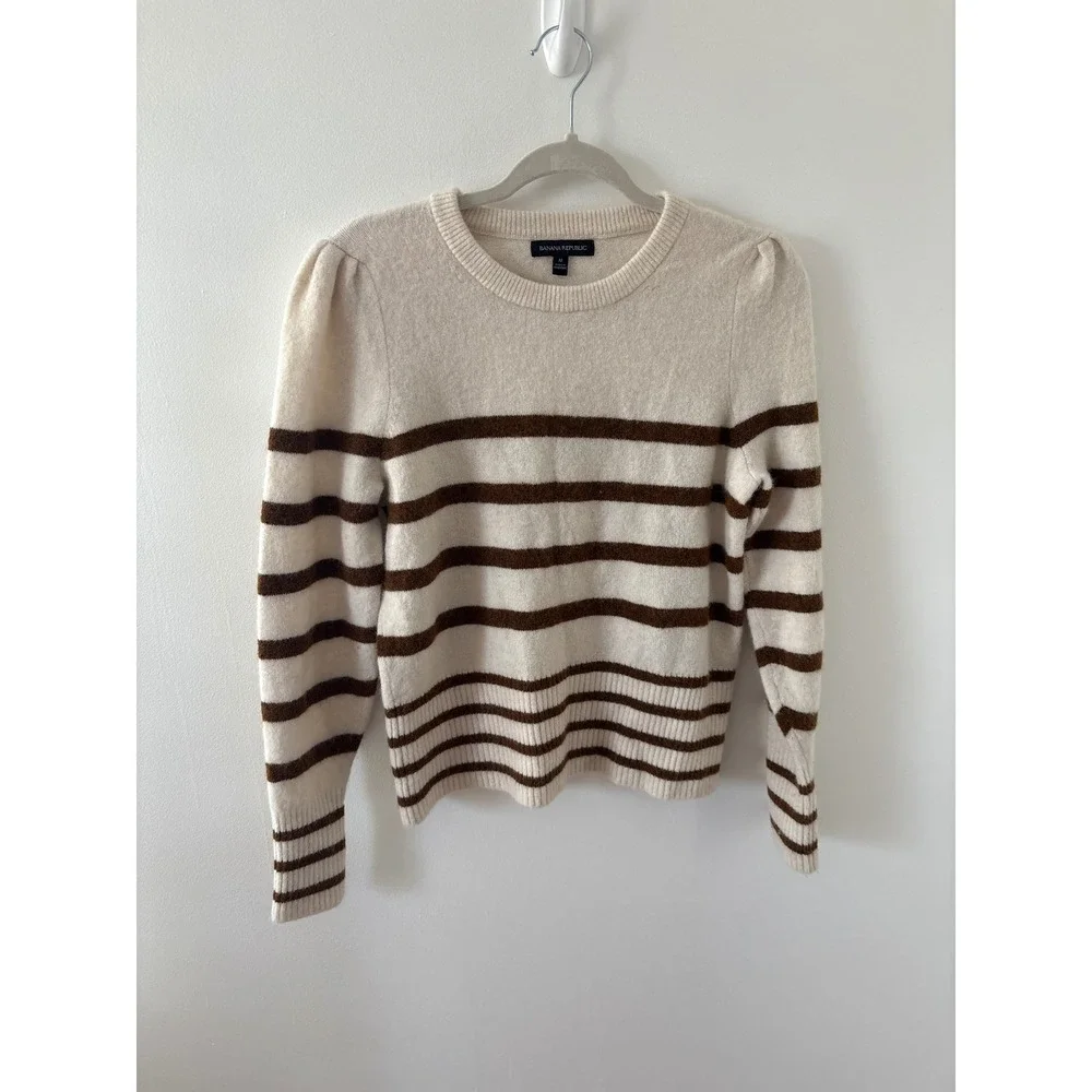 Banana Republic Striped Puff Sleeve Sweater Cream Brown Wool Alpaca Blend‎ M